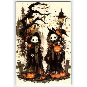Vintage Halloween Skeletons & Pumpkins Photochrome Postcard 5.5x4"